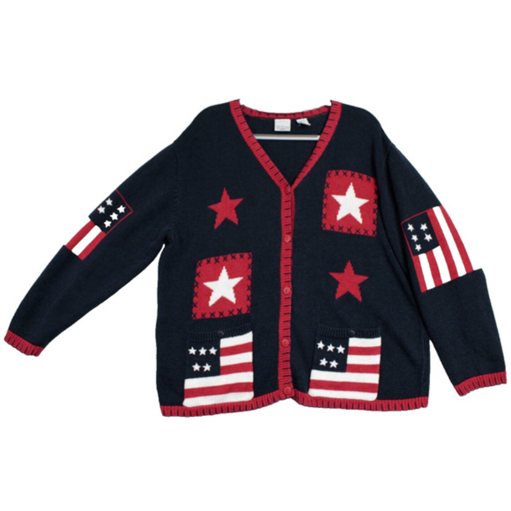Carolina Colours Plus 18/20 Patriotic Flag Cardigan‎ Stars Stripes USA Sweater
